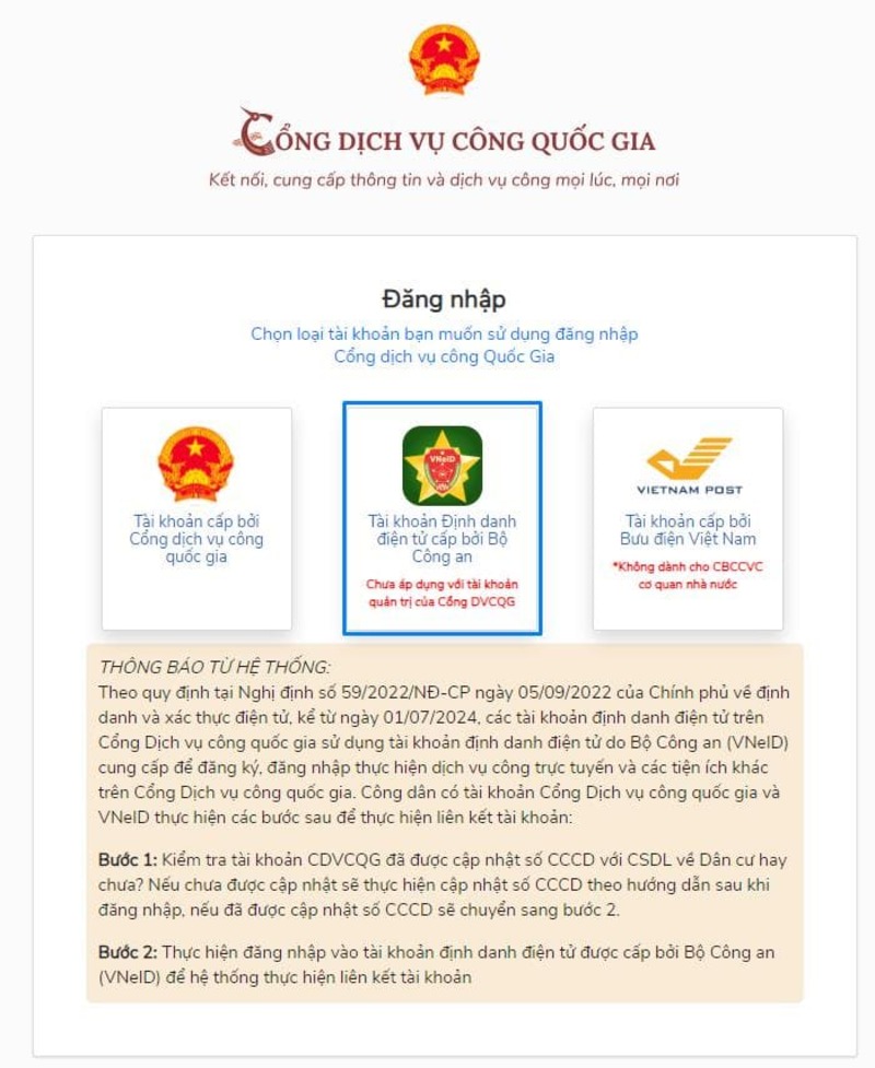 Đăng nhập tài khoản định danh trên Dịch vụ công