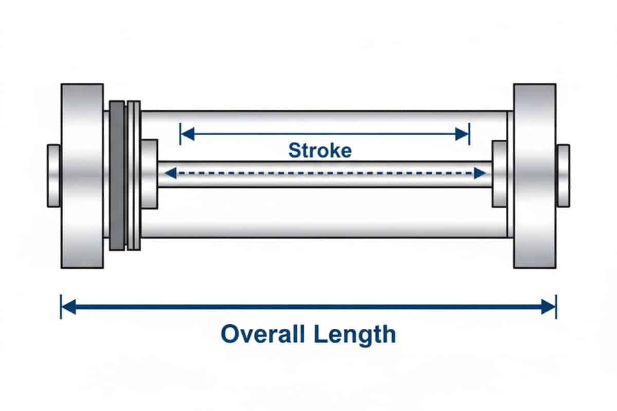 Sơ đồ kỹ thuật phân biệt rõ ràng hành trình (stroke) và chiều dài tổng thể (overall length) của một xi lanh khí nén.