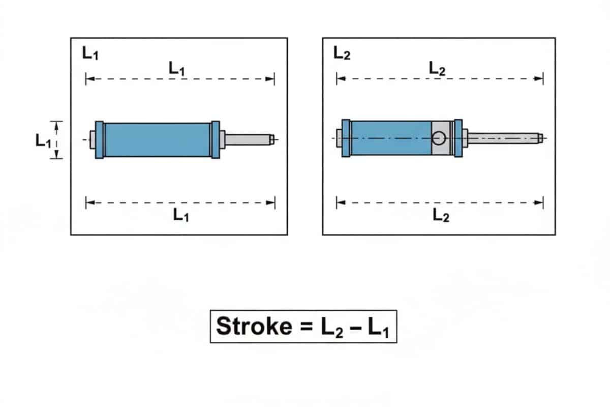 Sơ đồ 2 bước minh họa phương pháp đo hành trình xi lanh L2-L1, đo khi rút hết và đẩy hết.