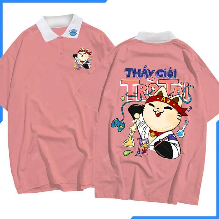Mẫu áo polo hình mèo con màu hồng trẻ trung cho GenZ