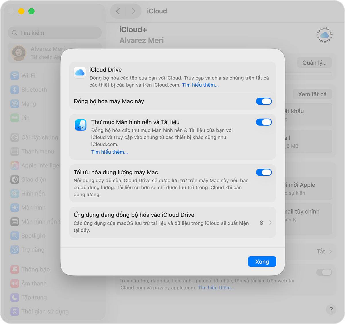Mục cài đặt trên máy Mac đang hiển thị iCloud Drive cùng tùy chọn Thư mục Màn hình nền và Tài liệu đã được bật.