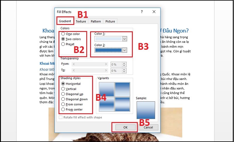 Chọn hiệu ứng đổ màu nền cho văn bản
