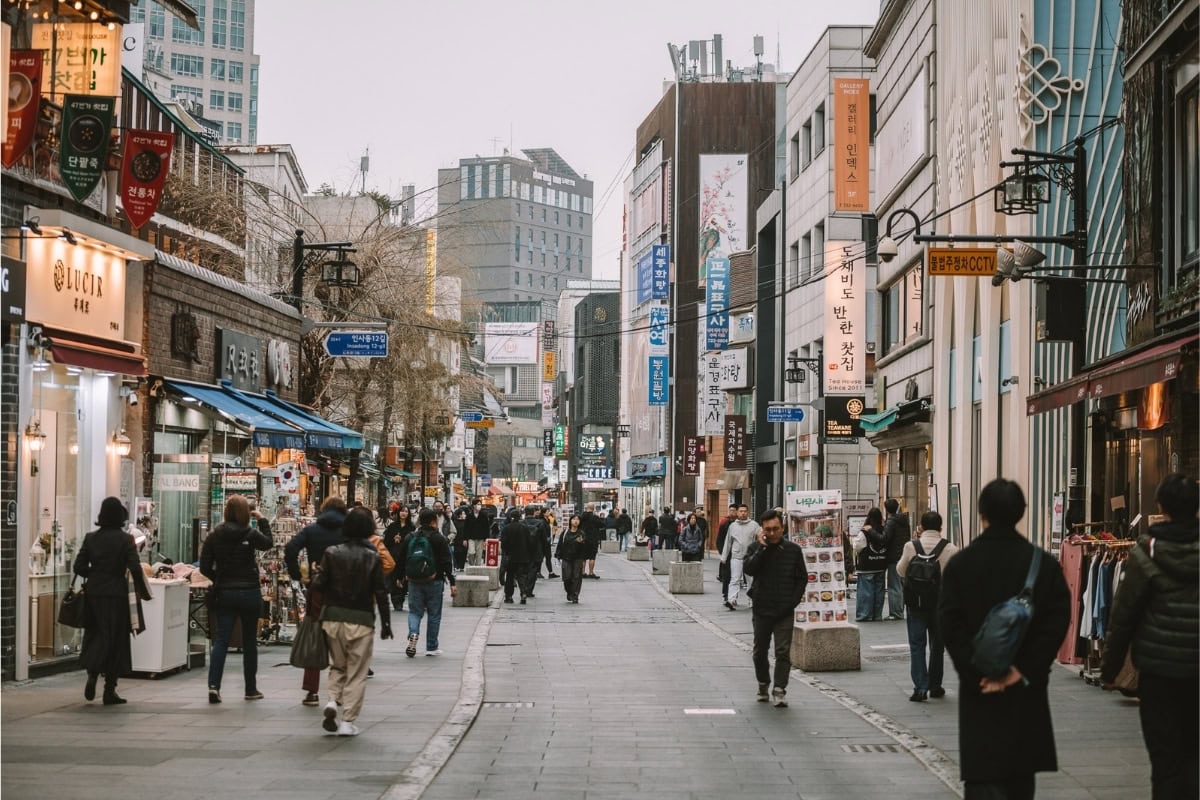 Busy pedestrian street in Myeongdong, Seoul