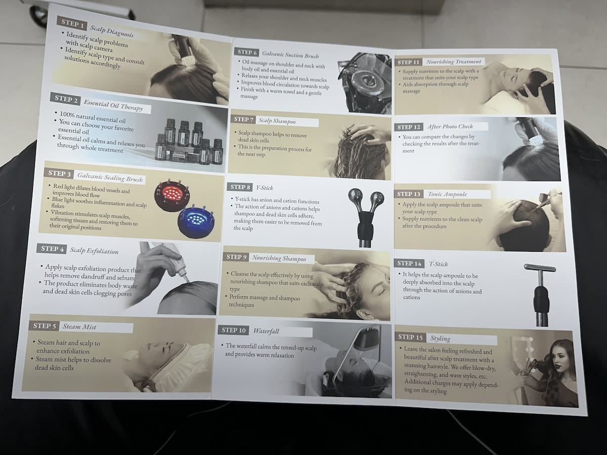 Brochure for the 15 step scalp treatment in Seoul
