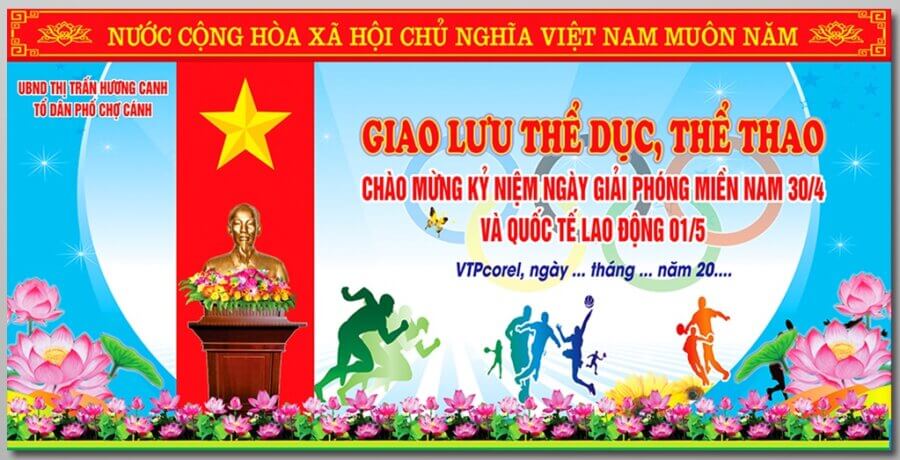 Phông nền giao lưu thể dục, thể thao chào mừng kỹ niệm 30 tháng 4 và mùng 1 tháng 5