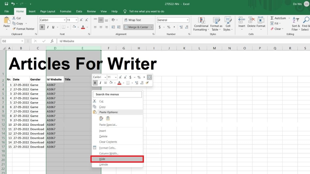 Cách ẩn hiển thị cột bằng chuột phải trong excel