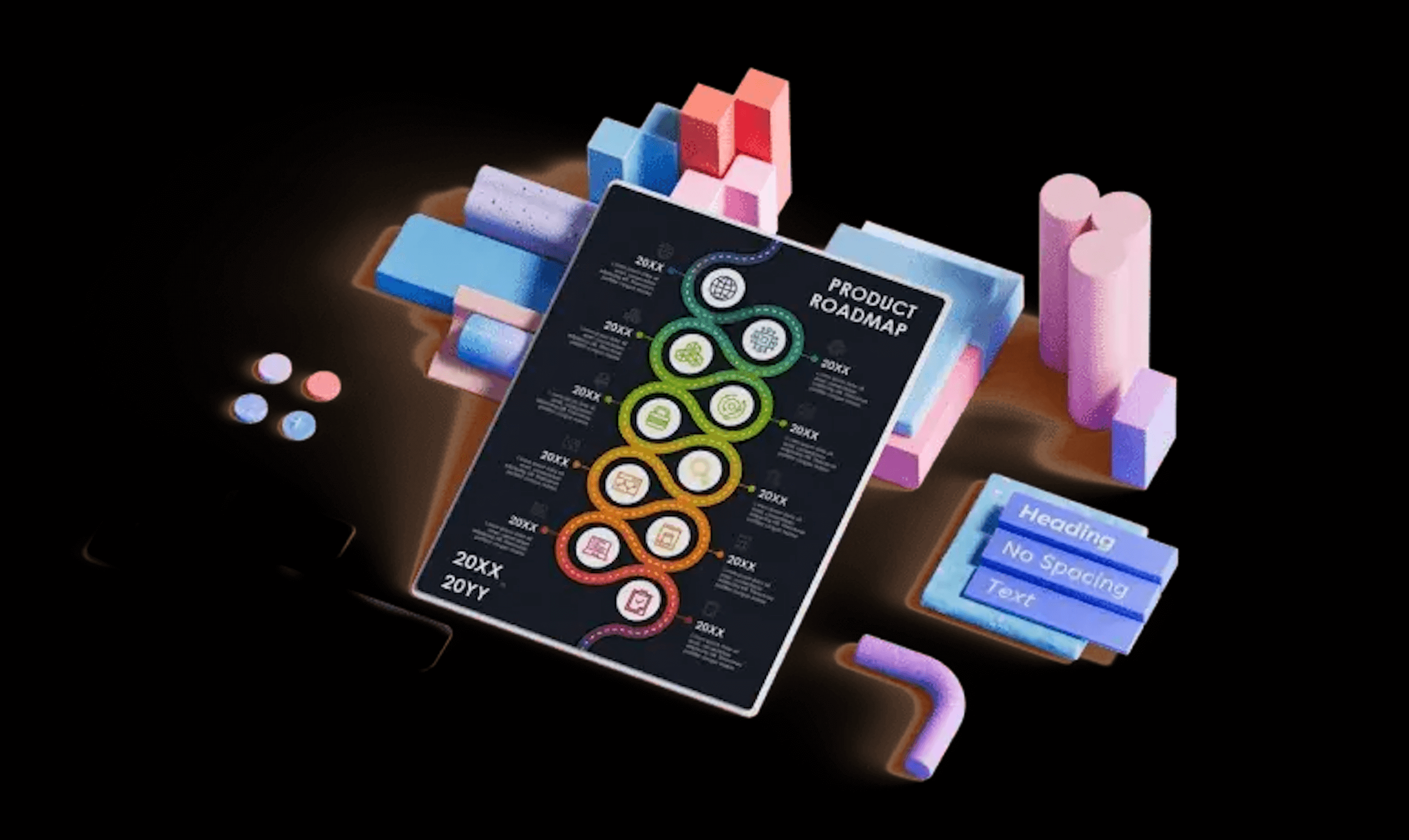 Product roadmap illustrated with colorful timeline icons, surrounded by 3D geometric shapes in pastel colors.