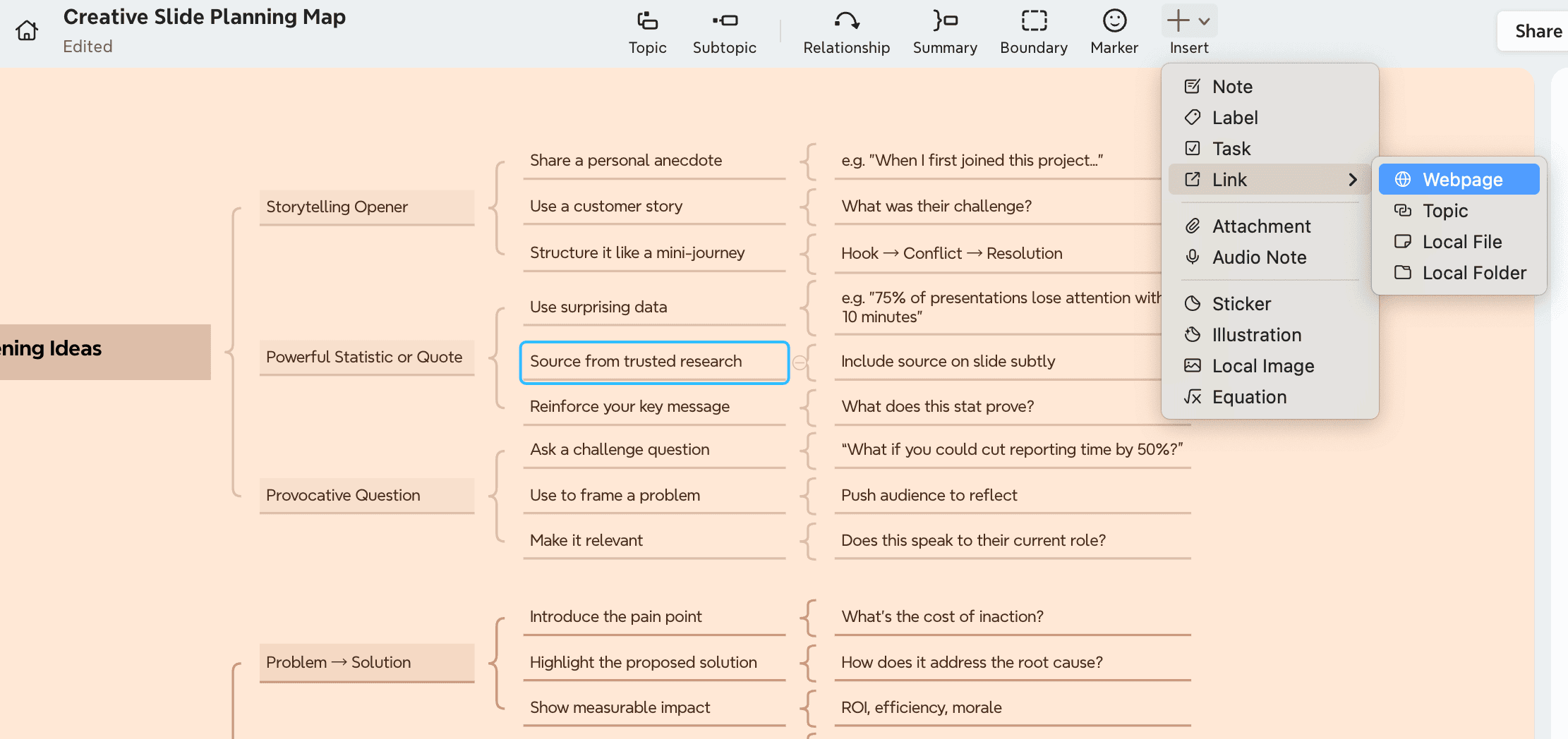 Xmind interface showing inserting webpage links in a mind map.