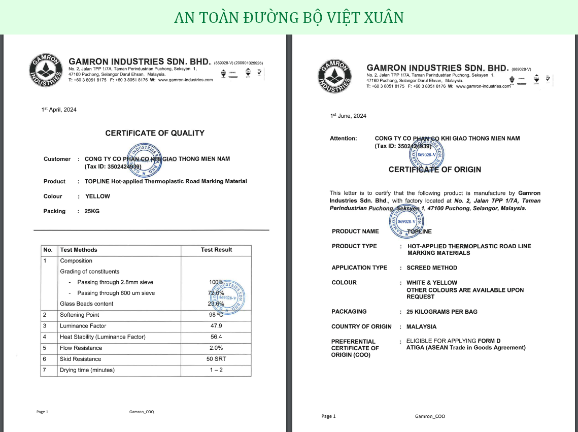 Chứng nhận CQ, và CO sơn dẻo nhiệt phản quang Topline