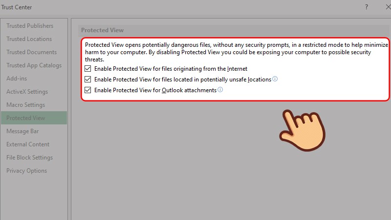 Cách bật/tắt tính năng Protected View khi mở tài liệu Microsoft Excel. 6