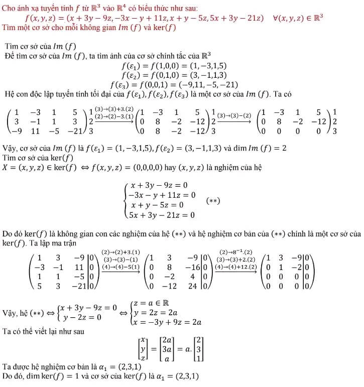 Tìm cơ sở cho mỗi không gian Im và ker(f)