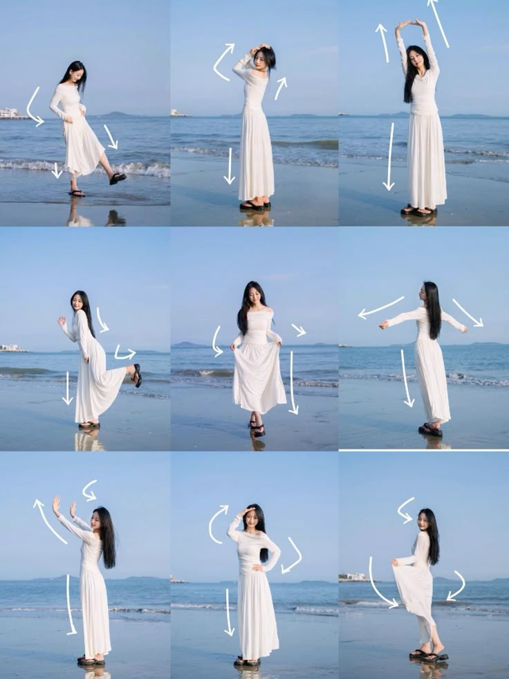 Váy trắng dài bước nhẹ trên cát tạo dáng mộng mơ