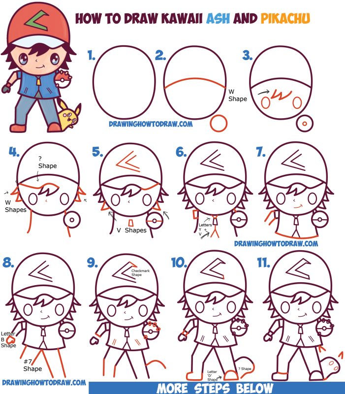 How to Draw Cute Kawaii Chibi Ash Ketchum and Pikachu from Pokemon Easy Step by Step Drawing Tutorial for Kids and Beginners