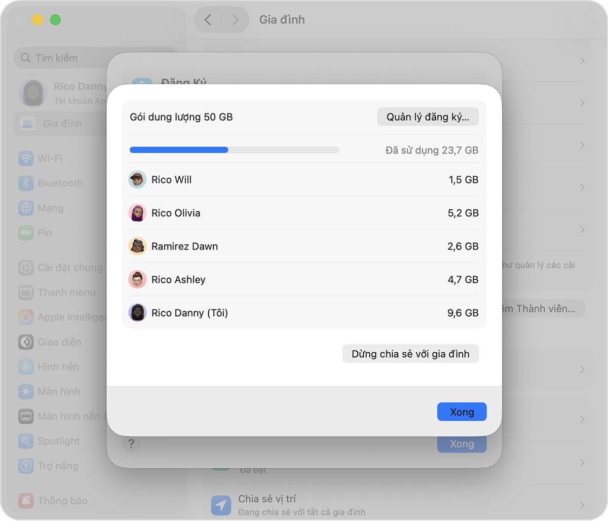 Màn hình máy Mac hiển thị các bước để kiểm tra và quản lý gói đăng ký iCloud+ của bạn.