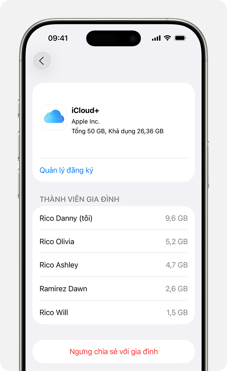 Màn hình iPhone hiển thị các bước để kiểm tra và quản lý gói đăng ký iCloud+ của bạn.