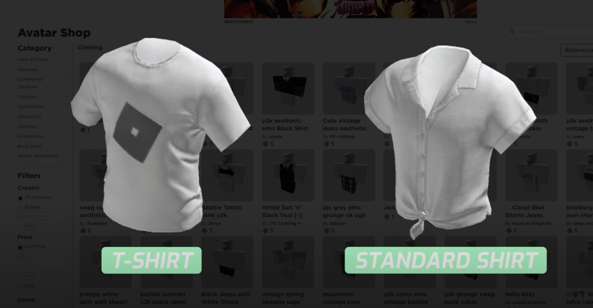 types of roblox shirts showing t-shirt and standard
