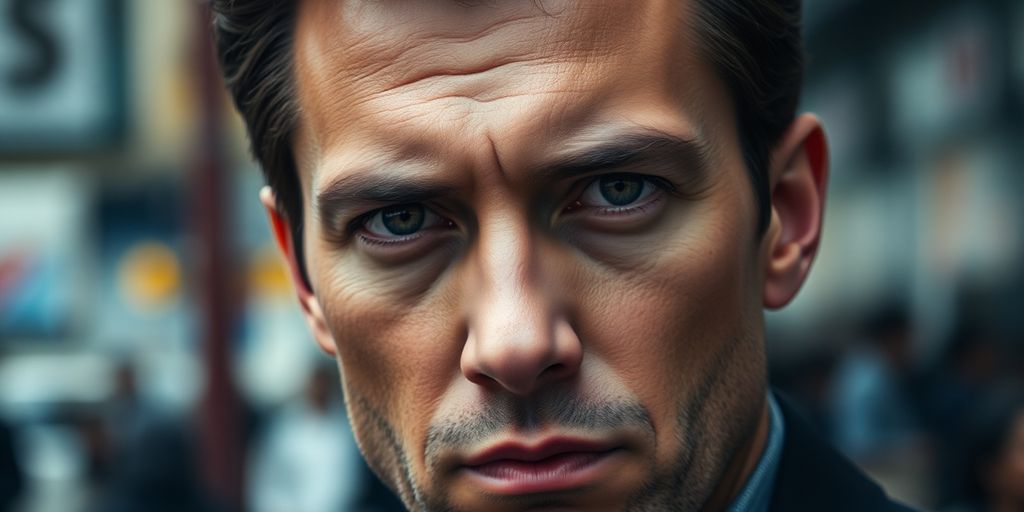 Thoughtful man with serious expression in urban setting.