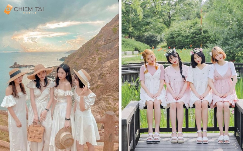 Tạo dáng chụp ảnh nhóm 4 người trang phục đồng bộ