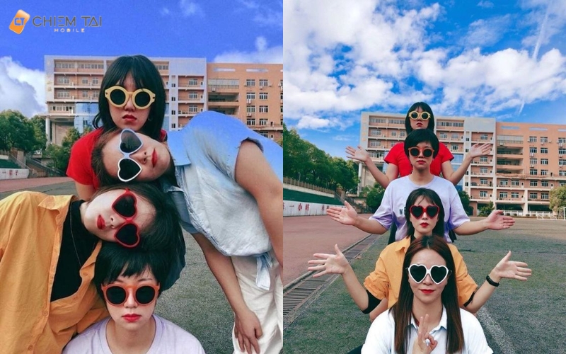 Tạo dáng chụp ảnh 4 người với tạo dáng hài hước