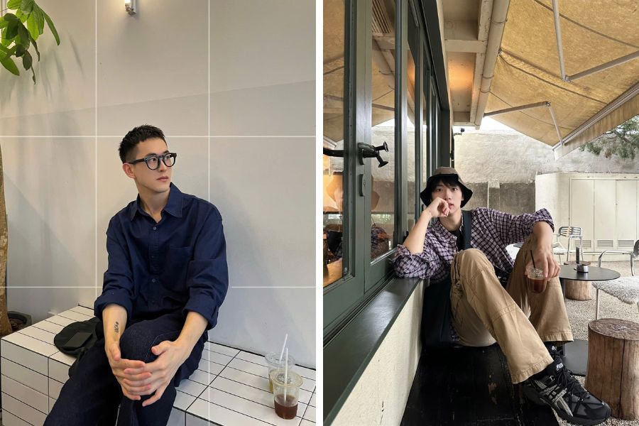 Tạo dáng chụp ảnh nam ngồi cafe tay nâng gối thoải mái