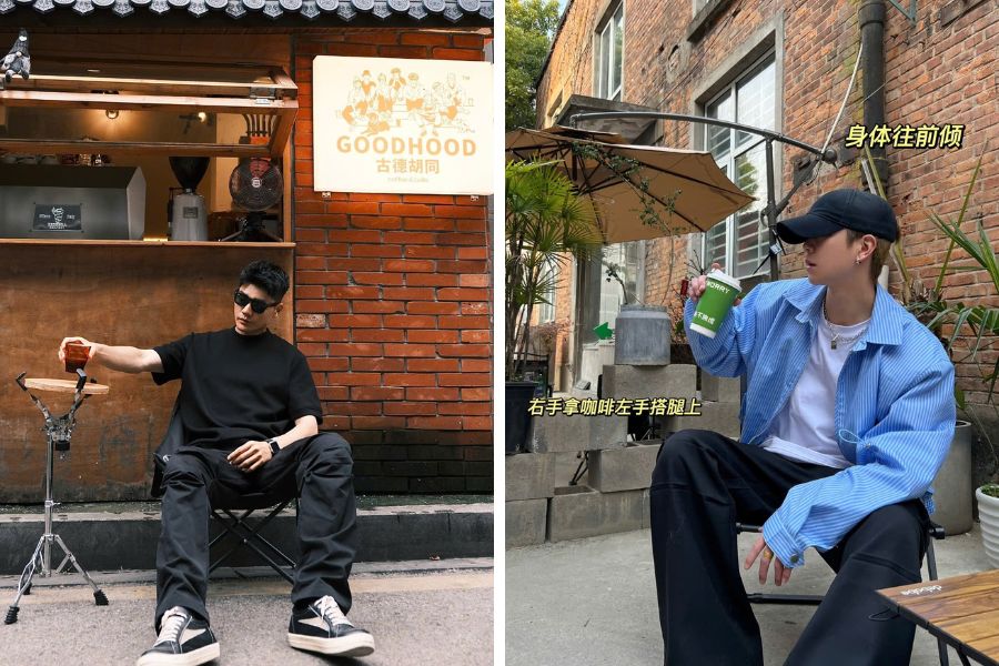 Tạo dáng chụp ảnh nam trong quán cafe khi ngồi ghế thấp