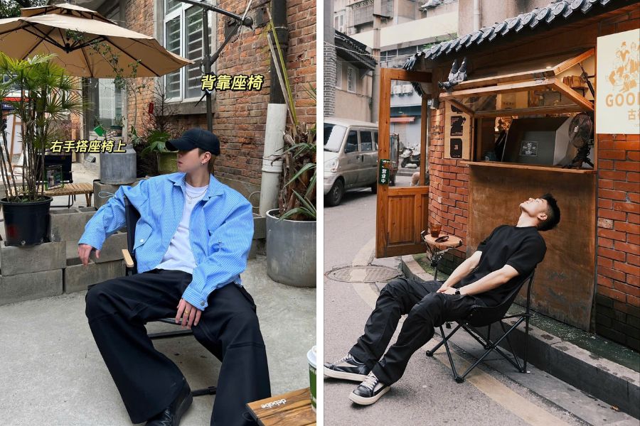 Tạo dáng chụp ảnh nam trong quán cafe ngồi thả lỏng thoải mái