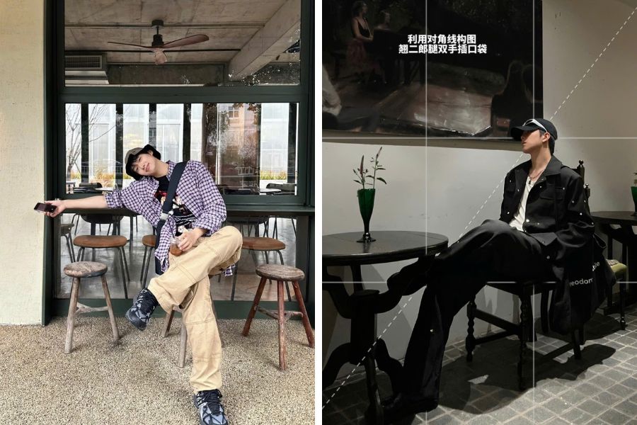 Tạo dáng chụp ảnh nam ngồi cafe vắt chân chữ ngũ