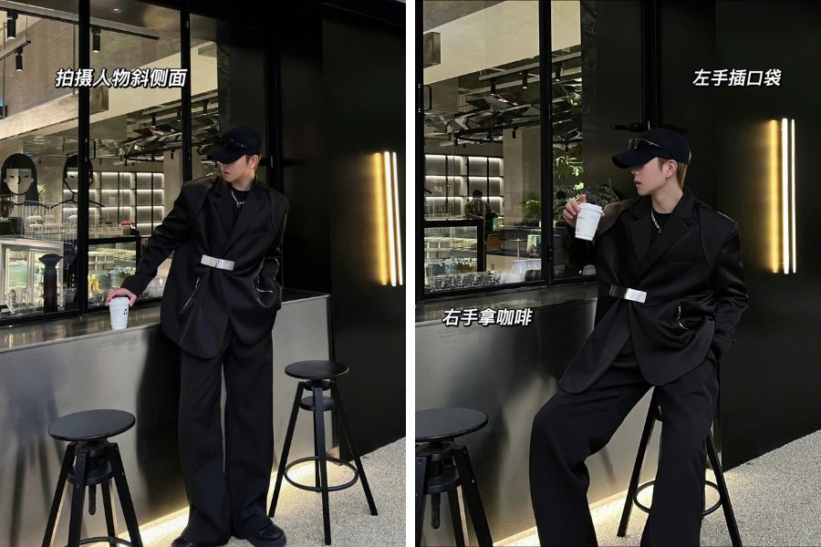 Tạo dáng chụp ảnh nam ngồi cafe ngồi ghế quầy bar sang trọng