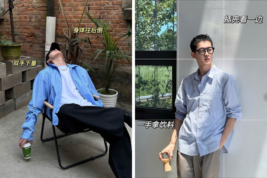 Tạo dáng chụp ảnh nam ngồi cafe ngả ra sau nhẹ nhàng