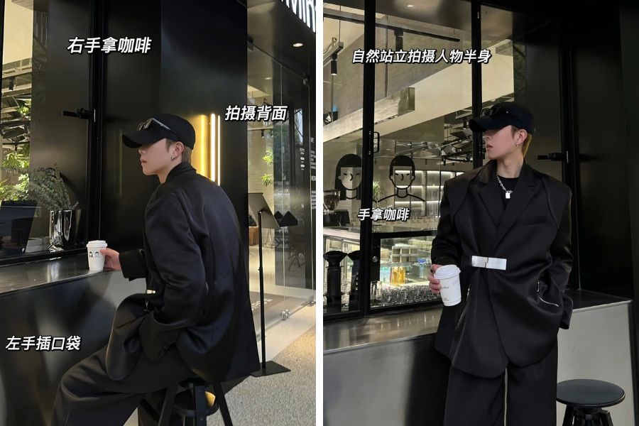 Tạo dáng chụp ảnh nam trong quán cafe tay đút túi quần cool ngầu