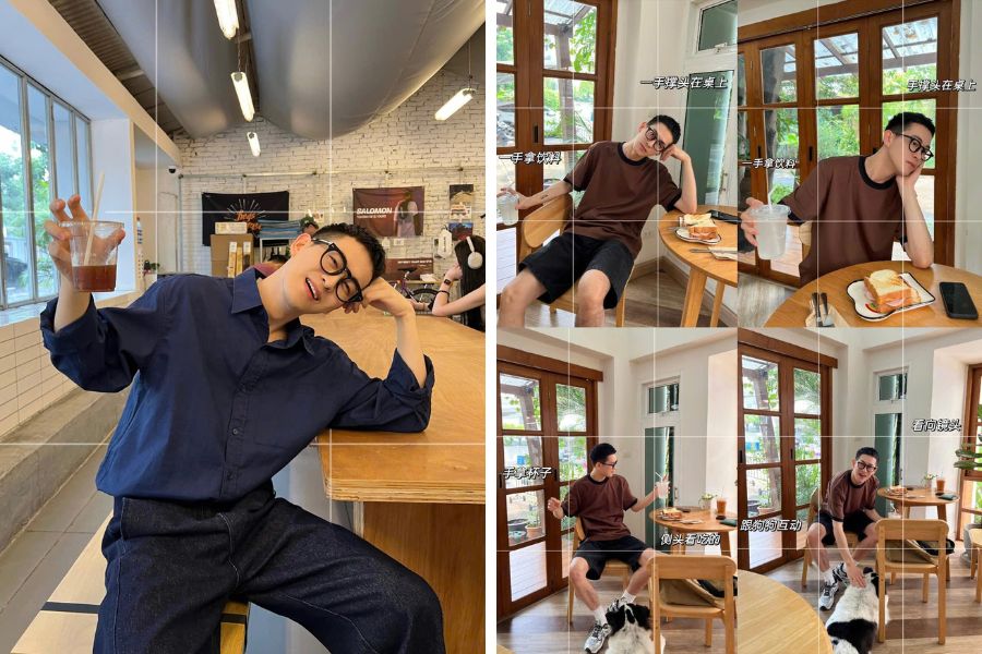 Tạo dáng chụp ảnh nam ngồi cafe tay chống đầu, tay cầm ly nước