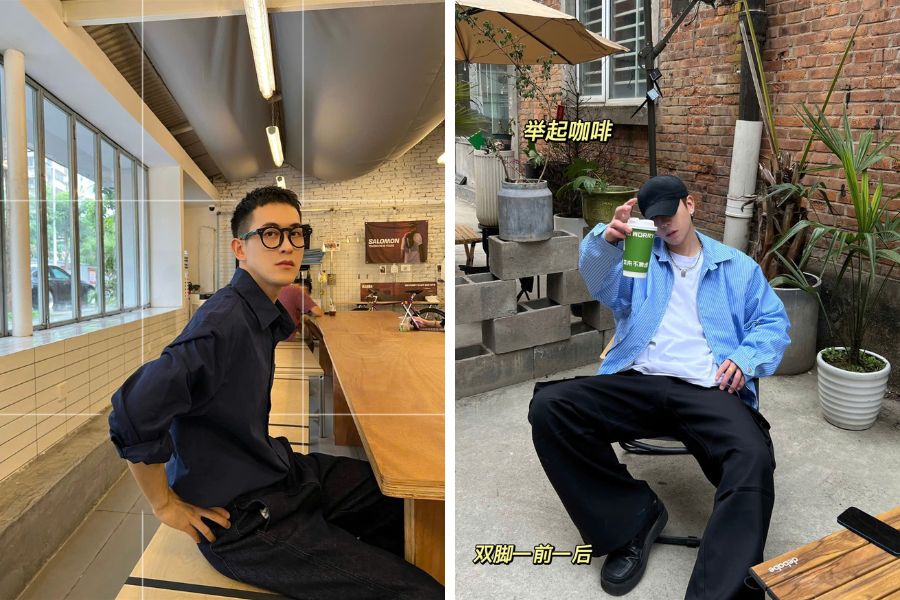 Tạo dáng chụp ảnh nam trong quán cafe tay chống hông nhìn vào camera