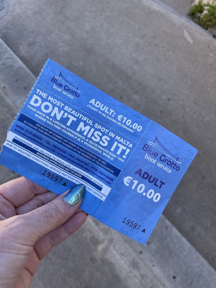 View of the blue ticket receipt for the Blue Grotto Malta