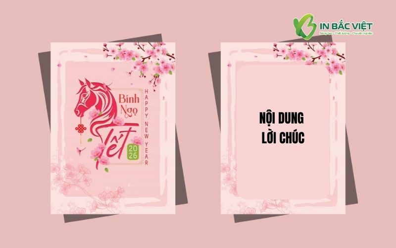 Thiệp mừng năm mới Bính Ngọ với hình ảnh ngựa và họa tiết hoa đào
