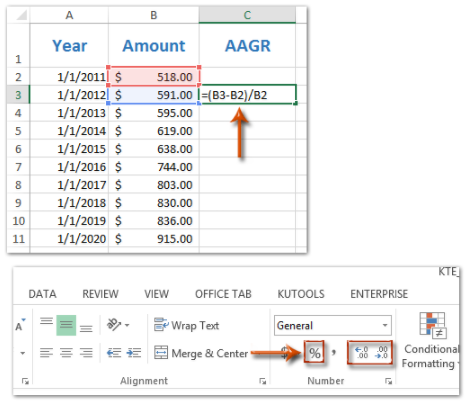 Làm thế nào để tính tốc độ tăng trưởng bình quân, tăng trưởng hàng năm trong Excel