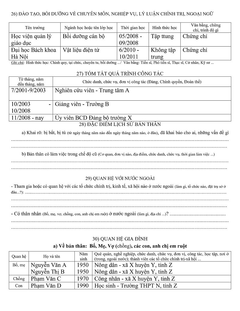 sơ yếu lý lịch cho cán bộ