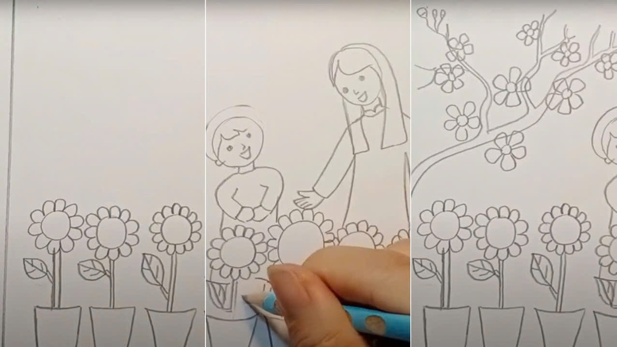 Hướng dẫn vẽ tranh ngày Tết bước 2