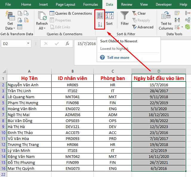 Bảng dữ liệu đã được sắp xếp tăng dần