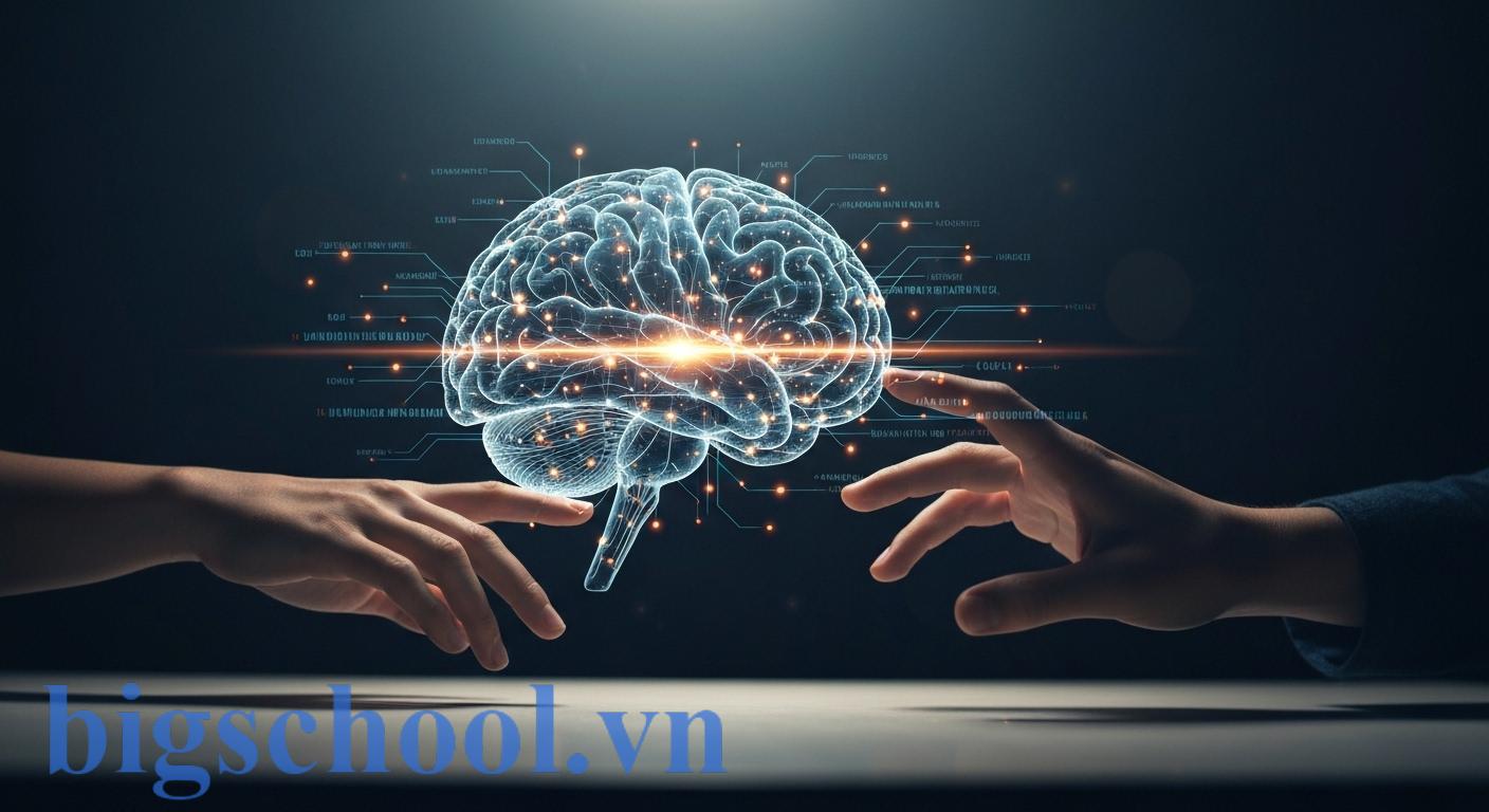 Một bộ não người được thể hiện dưới dạng ánh sáng và kết nối, tượng trưng cho quá trình học hỏi và ghi nhớ chính tả tiếng Việt.