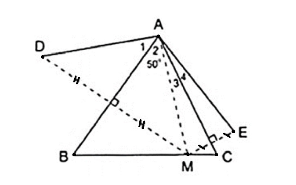 Cho Δ ABC có A ^ = 50 o , điểm M thuộc cạnh BC. Vẽ điểm D đối xứng với M qua AB, vẽ điểm E đối xứng với M qua AC.