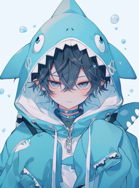 Ảnh cá mập cute trong trang phục hoodie xanh phong cách anime.
