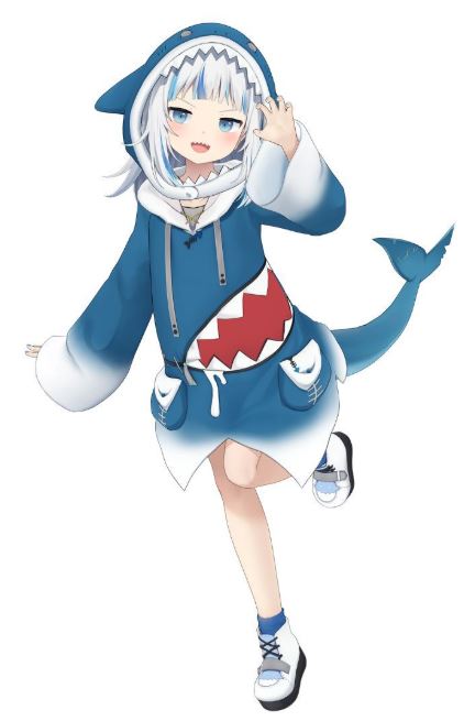 Hình ảnh cá mập cute, một cô gái anime với trang phục cá mập đang chạy nhảy vui vẻ