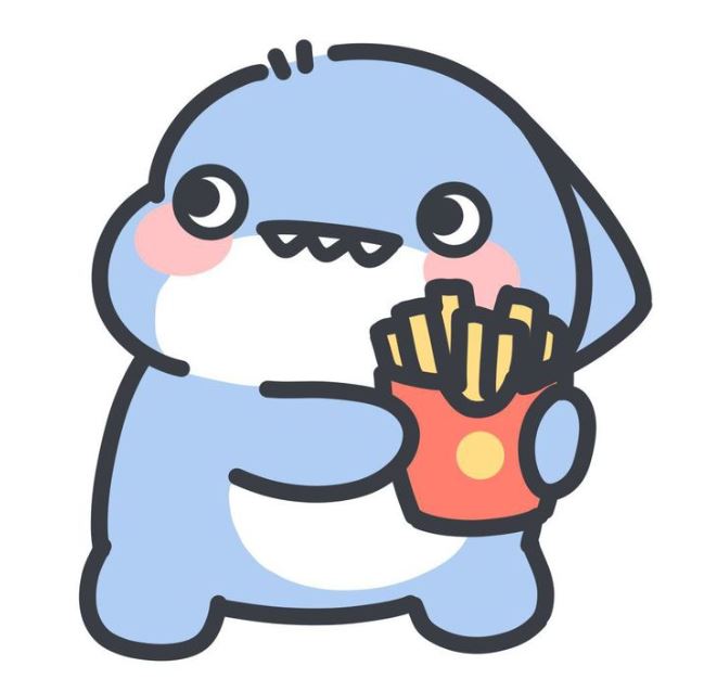 Hình ảnh cá mập cute phong cách anime đang cầm khoai tây chiên, trông rất ngộ nghĩnh.