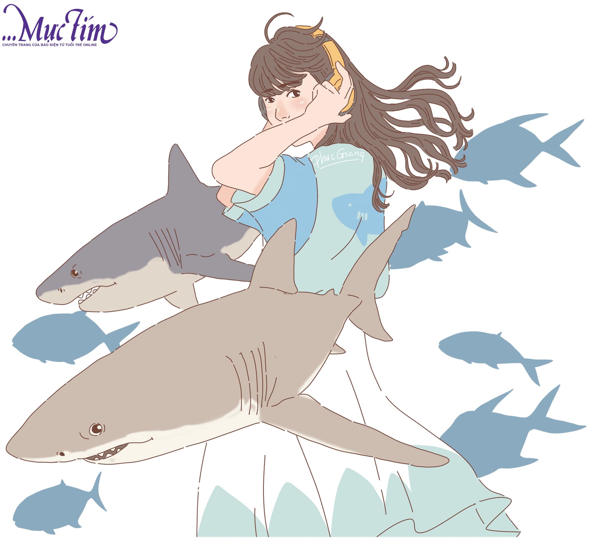 Hình ảnh cá mập cute theo phong cách anime, thể hiện sự dễ thương và ngây thơ