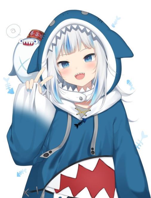 Ảnh cá mập cute phong cách anime đang tạo dáng peace.