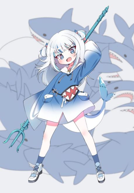 Hình ảnh cá mập cute trong phong cách anime đáng yêu cầm đinh ba