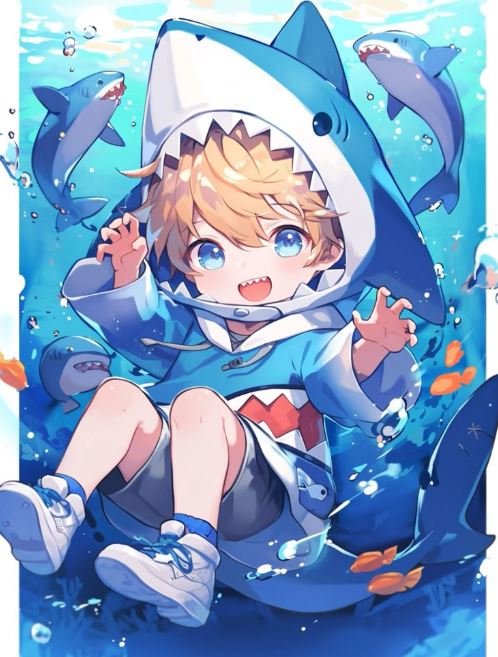 Hình ảnh cá mập cute phong cách anime đang bơi lội tung tăng.