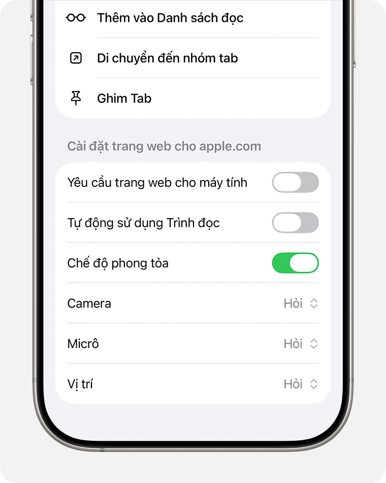 Để loại trừ trang web khỏi phần bảo vệ bằng Chế độ phong tỏa, hãy tắt Chế độ phong tỏa trong phần Cài đặt trang trên Safari.
