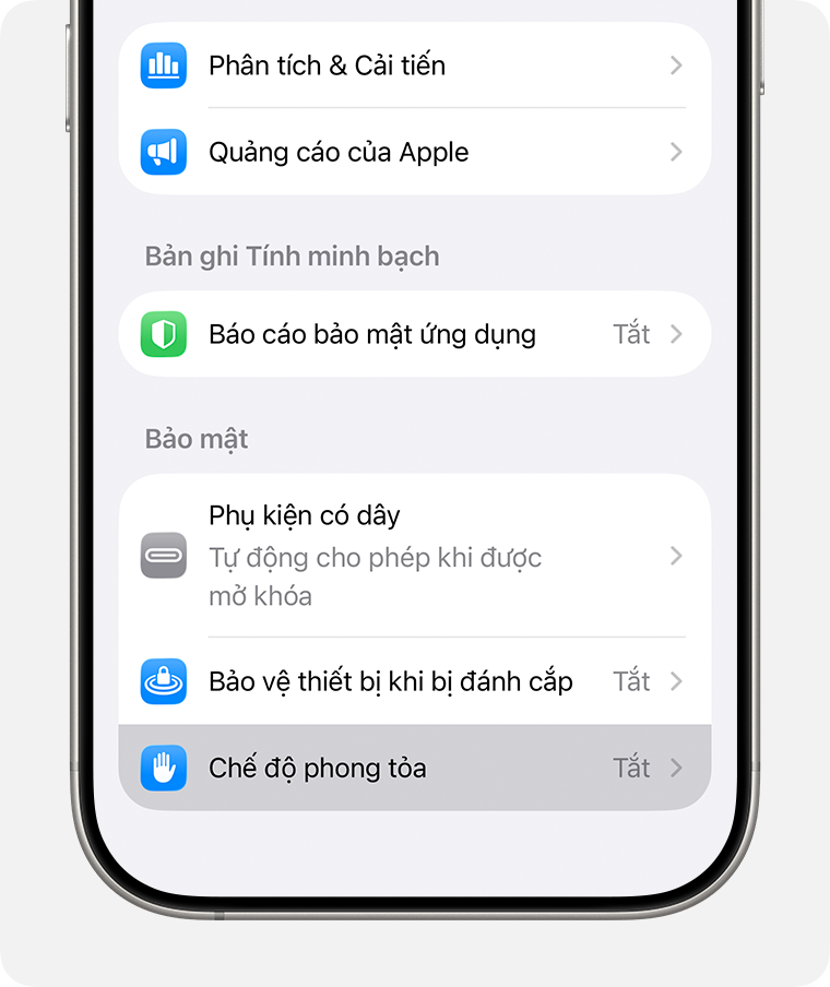 Chế độ phong tỏa trong phần cài đặt Quyền riêng tư và bảo mật trên iPhone.