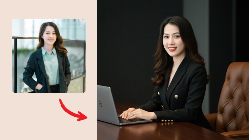 Prompt tạo ảnh doanh nhân nữ bên bàn làm việc